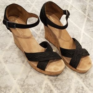Toms Black and cork wedges with lace detail